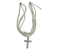 Obotsnoi Collier rétro avec pendentif en forme de croix en cristal avec plusieurs couches de fausses perles pour une collection de bijoux élégants, accessoires de croix étincelantes et de perles