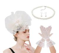 Obotsnoi Ensemble d'accessoires pour cheveux bibi avec coiffe, gants et collier pour un usage quotidien, un événement spécial, un chapeau de fleur en dentelle pour bal masqué, cocktail, fête, course