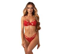 Obsessive Ensemble de lingerie rouge en dentelle et filet, soutien-gorge avec armatures et string avec bijoux sans nickel, rouge, L/XL