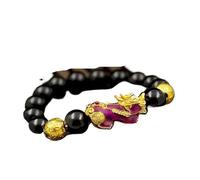 obsidian bracelet, Bracelet en or véritable 999 24 carats for homme, émaillé, pierre Pixiu creuse solide, perles d'obsidienne, changement de température(Red -)