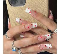 Obtenez Charme 24 pièces Ensemble d'art d'ongle complet de cristaux simples, brillants et rouge et blanc en forme de carré long en thème français avec des cœurs incluant du gelée gel et une lime à ong