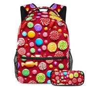 Obtenez l'excellence académique avec cet ensemble de cartables, sac à dos et trousse à crayons pour garçons, filles et adolescents, motif bonbons rouges, multicolore, B：29.4x20x40cm P：19x7.5x3.8cm,