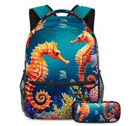 Obtenez l'excellence académique avec cet ensemble de cartables, sac à dos et trousse à crayons pour garçons, filles et adolescents, hippocampe mignon, multicolore, B：29.4x20x40cm P：19x7.5x3.8cm, Sacs