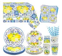 Obussgar Capri Lemon Décoration de fête d'anniversaire Capri Citron avec assiettes, gobelets, serviettes, nappes, pailles - Pour 20 personnes
