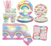 Obussgar Décoration de fête arc-en-ciel - Fournitures de table de fête d'anniversaire arc-en-ciel comprenant assiettes, tasses, serviettes, nappes, pailles - Pour 20 personnes