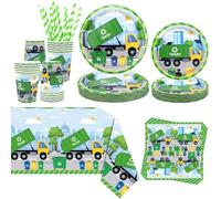 Obussgar Décoration de fête camion poubelle - Fournitures de table pour fête d'anniversaire avec assiettes, tasses, serviettes, nappes, pailles - Pour 20 personnes