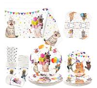 Obussgar Décoration de fête de chat - Ensemble de vaisselle de fête avec assiettes, gobelets, serviettes, nappes et pailles - Pour 20 personnes (chats)