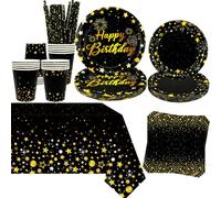 Obussgar Décoration de fête noire et dorée - Fournitures de table pour fête d'anniversaire avec assiettes, tasses, serviettes, nappes, pailles - Pour 20 personnes