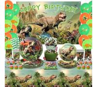 Obussgar Décorations d'anniversaire dinosaures, toile de fond, gâteau, assiettes, tasses, serviettes, nappes, ballons pour 20 invités
