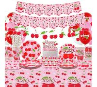 Obussgar Décorations de fête d'anniversaire cerise - Accessoires de fête comprenant bannière, assiette, décoration de gâteau, tasse, serviette, ballon, nappe - 20 ans (LQ)