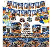Obussgar Décorations de fête d'anniversaire Monster Truck - Accessoires de fête avec bannière, assiette, décoration de gâteau, gobelet, serviette, ballon, nappe - Pour 20 personnes (LQ)