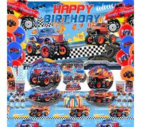 Obussgar Décorations de fête d'anniversaire Monster Truck - Accessoires de fête avec toile de fond, assiettes, tasses, serviettes, nappes, ballons - Pour 20 invités