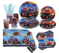 Obussgar Décorations de fête d'anniversaire Monster Truck - Fournitures de fête comprenant assiettes, tasse, serviette, pailles, nappe (20)