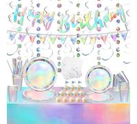 Obussgar Décorations de fête irisées - Bannière joyeux anniversaire, banderole de guirlande de points circulaires, assiettes en papier holographiques, nappe en aluminium, pailles - Pour 20 personnes