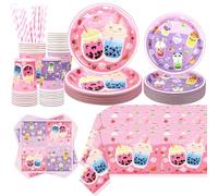 Obussgar Décorations de thé aux bulles - Fournitures de fête MilkTea avec assiettes, tasses, mouchoirs, nappe, pailles pour fête d'anniversaire de fille (20)