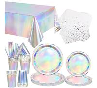 Obussgar Lot de 106 fournitures pour fêtes irrédescentes - Vaisselle pour fête holographique comprenant des pailles pour tasse Nappes en aluminium pour fête d'anniversaire en mariage années 80, pour