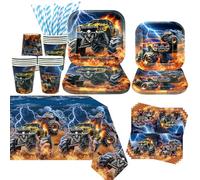 Obussgar Monster Truck Décoration de fête d'anniversaire Motif camion monstre comprenant assiettes, gobelets, serviettes, nappe, pailles pour 20 personnes