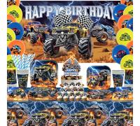 Obussgar Monster Truck Décorations de fête d'anniversaire - Fournitures de fête avec fond, assiettes, décoration de gâteau, gobelet, serviette, ballon, nappe - Pour 20 personnes (BJ)