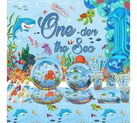 Obussgar Under the Sea Party Supplies Ocean Sea Party Vaisselle Set Assiettes Nappe Toile de Fond Ballons Cake Toppers pour Décorations de Fête D'anniversaire, Sert 20