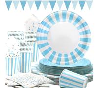 Obussgar Vaisselle à rayures bleu clair comprenant bannières triangulaires, assiettes, serviettes, gobelets en papier pour fêtes d'anniversaire, mariages, fêtes prénatales (bleu clair 24)
