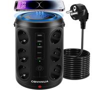 OBVHNUA 18 en 1 Multiprise Electrique 12 Prises 5 Ports USB Tour Multiprise 15W Charge sans Fil Parasurtenseur 2500W/15A Prise Verticale avec Protection Contre Surcharges pour Bureau Maison Cuisine