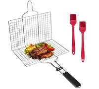 OBYCPIN Panier Barbecue Grille Poisson Acier Inoxydable Pliable 32x22cm | Portable, poignée en bois amovible, 2 brosses silicone, camping, pique-nique, jardin, steak, viande, légumes, crevettes