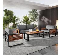 OCACA Ensemble de salon de jardin, 4 pièces, pour 5 à 6 personnes, moderne, avec cadre en fer galvanisé, accoudoirs décoratifs en bois, meubles de salon, balcon, jardin et terrasse
