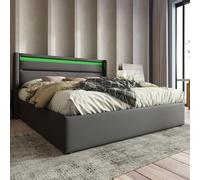 OCACA Lit coffre hydraulique avec barre d'éclairage LED, lit double rembourré avec sommier à lattes, tête de lit en bois, lit fonctionnel (avec télécommande) (gris, 160 cm x 200 cm)