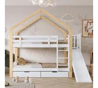 OCACA Lit superposé avec toboggan et échelle d'ascension d'angle à 3 niveaux, lit de maison avec protection anti-chute, cadre de lit en bois massif, blanc + naturel, 90 x 200 cm (avec tiroir, 90 x 200