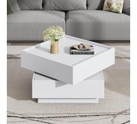 OCACA Table basse fonctionnelle, plateau de table rotatif à 360°, avec 2 étages et armoire de rangement, table d'appoint avec cadre en noyer pour le salon, 60 x 60 x 38 cm, blanche