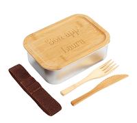 Ocadeau Boite à gouter en bois et acier avec couvercle personnalisé gravé - Lunch box avec gravure texte et couverts en bois - Boite hermétique personnalisable