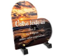 OCAP-FUNERAIRE.COM Plaque funéraire Coeur Personnalisable en plexi Motif Paysage Plage et rochers, différentes Tailles, épaisseur 6mm, personnalisée sur Plusieurs Lignes 15x15 cm
