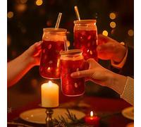 Ocastuted Lot de 3 tasses de Noël en verre à changement de couleur avec pailles, 7,5 x 7,5 x 17 cm, pour et adultes, soda, lait, jus, eau, bière