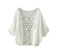 OCCOKO Cardigan à manches courtes en coton avec haut fin brodé creux pour femme, blanc, Taille Unique