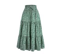 OCCOKO Jupe longue à fleurs pour femme - Confortable - Coupe trapèze - Élastique - Taille haute - Vacances - Coupe trapèze - Jupe longue fluide et sportive, vert, S