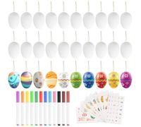 OCCOUMR Lot de 30 œufs de Pâques en plastique à peindre - Décoration à suspendre - Œufs peints à la main - Blanc - Avec 12 stylos et 10 œufs de lapin - Autocollants de tatouage imperméables