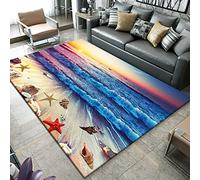 Océan 3D Bord de Mer Paysage Tapis Salon Chambre Décor Flanelle Enfants Tapis De Jeu Cuisine Couloir Tapis, Coucher De Soleil Vague Plage Étoile De Mer Coquillage Motif (Couleur 1,120x160 cm)