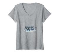 Ocean Air, Cheveux Salés : Beachy Seagull Summer T-Shirt avec Col en V, Femme, Gris Chiné, XXL