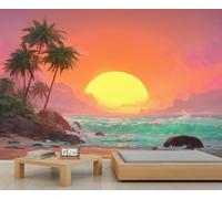Ocean Beach Murals Tropical Sunset Paysage Art Deco Papier peint Palmier Papier peint Chambre à coucher Salon Mural 150 x 105 cm