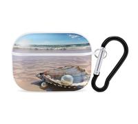 Ocean Beach Mussel Pearl Coque rigide de protection complète contre les chutes avec porte-clés compatible avec AirPod Pro 2e/1ère génération, LED avant visible, blanc
