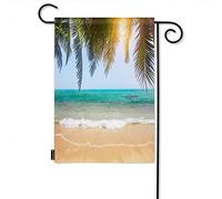 Ocean Beach Palm Tree Welcome Garden Flag, Tropical Blue Sea Water Jungle Banana Leaf Nature Farmhouse Garden Flags 12x18 Inch Yard Flag Banner Porch Flags for Patio Lawn Villa Park Outdoor