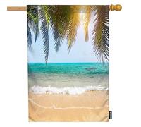 Ocean Beach Palm Tree Welcome House Flag, Tropical Blue Sea Water Jungle Banana Leaf Nature Grands drapeaux de jardin 28x40 Pouces Yard Flag Banner Porch Flags for Patio Lawn Villa Park Outdoor Deco