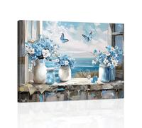 Océan Bleu Fenêtre Vue Tableau Décoration Murale Salon, Fleurs Bleues Dans le Vase Poster Mural Impression Sur Toile Relaxant Paysage Marin Affiche Decoration Murale pour Chambre Maison Bureau 40x60cm
