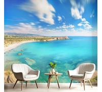 Océan Bleu Papier Peint, 350×256 Cm Wasserdichte Tapete Dekorativ Panorama La Plage Kontakt Papier Für Wohnzimmer Schlafzimmer Waschraum Schrank Wand Bleu Ciel