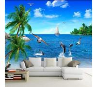 Océan Bleu Voilier Cocotiers Dauphins Papier Peint 3D Installation Facile Intissé Tapisserie Bureau Salon Canapé Chambre Décoration Murale-300cm×210cm