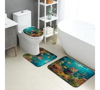 Ocean Cat - Lot de 3 tapis de salle de bain en flanelle absorbants, antidérapants et lavables en forme de U, à séchage rapide, motif poissons colorés, corail