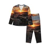 Ocean Cliff Sunset Ensemble de pyjama à manches longues pour femme Haut et pantalon pour le sommeil de nuit, Noir , XL