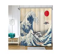 Ocean Cool Shark Red Sun Crane Asian Anime Shower Curtains 72 x 72 Inch Hokusai Aesthetic Mens Bathroom Decor Curtains Waterproof Fabric