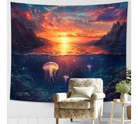 Océan Coucher de Soleil Méduses Tapisserie Couleurs Vivantes Décoration Murale Décoration Murale Scène Calme Esthétique pour Chambre Salon Chambre 80x60 Pouces