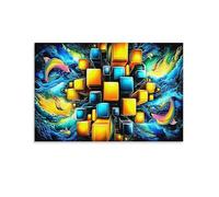 Océan Cube 1 Pièce Abstract Yellow Blue Blocks Rainbow Dauphins Art Mural En Toile Décoration Murale En Toile Pour Cuisine Art Mural Amovible Espace Économisant Décoration 12x18inch(30x45cm)